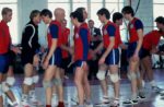 Douglas Grimes' (second from right) childhood dream came true, playing Soviet volleyball champs throughout the U.S.S.R. in 1987 (Douglas' dad is in the center near the window, wearing glasses). Photo credit: Douglas Grimes