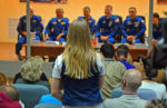 A visitor asks a question at the cosmonauts’ press conference in Baikonur, Kazakhstan. Photo credit: Douglas Grimes