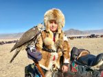 A young eagle hunter, training with a falcon, at Mongolia's Golden Eagle Festival. Photo: Michel Behar