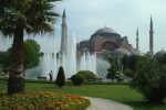 Fountains in Sultanahmet Park, against the Hagia Sophia.