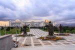 On the southern end of Independence Park is the golden-domed Palace of Knowledge, which includes a library, concert hall and the Turkmenbashi Museum (Ashgabat, Turkmenistan). Photo credit: Lindsay Fincher