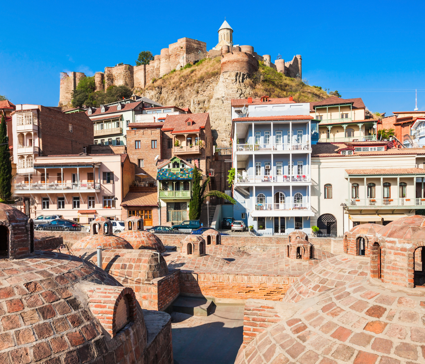 View of the sulfur baths in Tbilisi’s old town, Abanotubani.