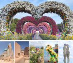 A collage featuring heart-shaped floral arches, a person arranging flowers, a historic fortress, a traditional lion dance, and a kinetic sculpture of two figures kissing against the blue sky.